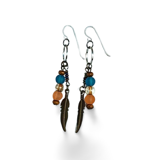 'Hippie Sunset', Eclectic Artisan Earrings with Mixed-Tone Metals, Wood and Colorful beads