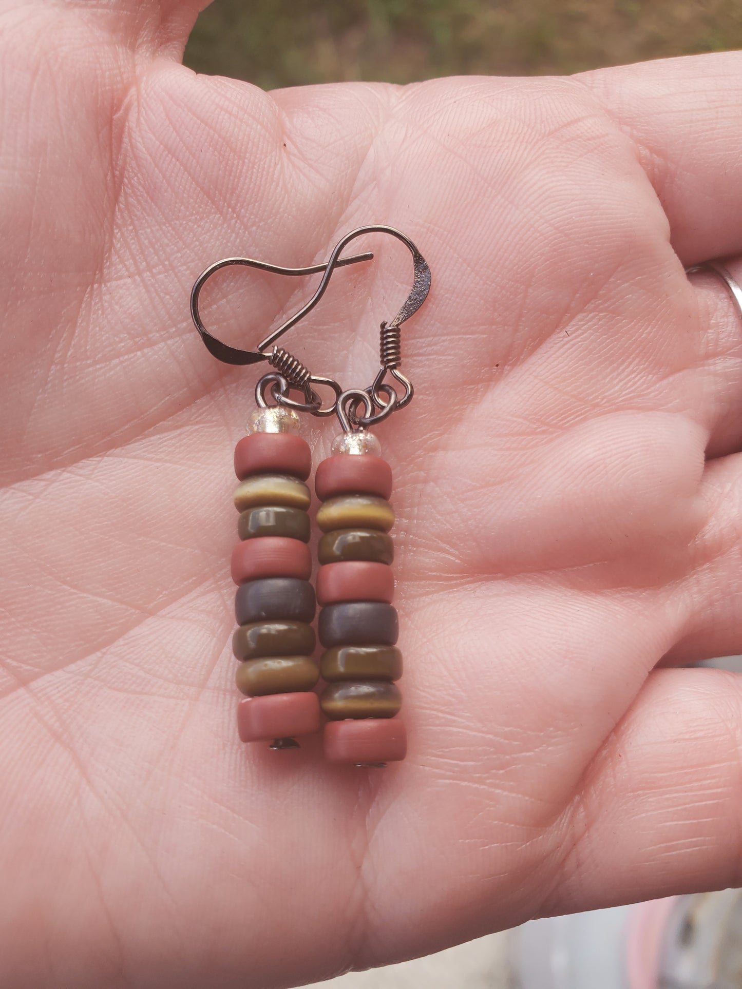 Earth Tone Vertical Bar Gunmetal Dangle Earrings